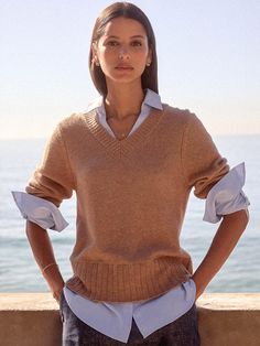 Arden tan with blue oxford layered v-neck sweater front view 3 Cashmere Tops For Business Casual In Fall, Formal Fine Knit Tops For Fall, Classic Tops For Fall Layering, Classic Tops For Layering In Fall, Classic Cashmere Tops For Fall, Fall Cashmere Tops For Daywear, Collared Fine Knit Sweater For Work, Classic Tops With Button Cuffs For Fall, Elegant Sweater With Ribbed Cuffs For Work