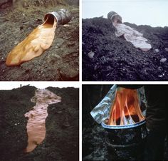 there are four pictures with different types of fire and water in the same photo,