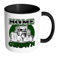 a blue and white coffee mug with an image of a farm tractor on it's side