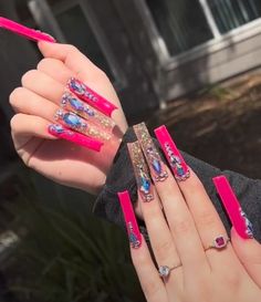 Pink Buchona Nails, Long Exotic Nail Designs, Buchonas Nails, Buchona Nails, Mexican Nails, Oval Acrylic Nails, Nail Designs Bling