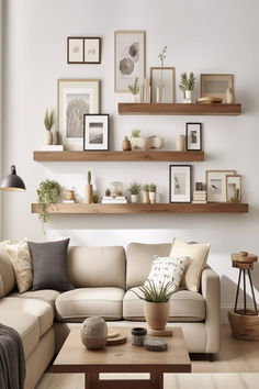 A photorealistic modern living room featuring a beige couch with a neatly arranged picture wall above. Simple Home Decor Minimalist Living Room, Shelfs Living Room Wall, Living Room Decorative Wall, Wall Shelves Decoration, Full Living Room Designs, Living Shelf Decor, Simple Home Living Room, Minimalist Wall Shelves, Lounge Shelving Ideas Living Rooms