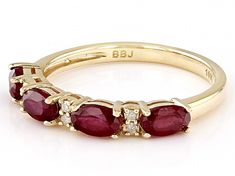 1.20ctw Red Oval Mahaleo® Ruby With 0.04ctw Round White Diamond 10k Yellow Gold Ring. Measures Approximately 0.87"L x 0.12"W. Ring Redesign, Ring Spacer, Diamond Alternatives, Popular Jewelry, Mens Accessories Jewelry, Yellow Gold Ring, Faceted Gemstones, Sunglass Frames, Yellow Gold Rings