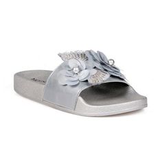 Make these comfortable beaded slide sandals a staple piece in your casual summer wardrobe, featuring a with a metallic upper and outsole. Size: 6. Color: Silver. Gender: female. Age Group: adult. Silver Summer Flip Flops, Spring Silver Flat Heel Sandals, Silver Flip Flops For Spring Beach, Silver Flip Flops For Spring Beach Outings, Silver Flip Flops For Beach In Spring, Silver Embellished Sandals For Vacation, Casual Silver Flat Heel Sandals, Silver Embellished Vacation Sandals, Embellished Silver Sandals For Vacation