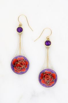 These unique cloisonné earrings are hand fabricated with enamel, fine silver, sterling silver, 14, 18, 22, and 24k gold, and 6 mm round faceted amethysts. The earrings feature 14k gold ear wires. Elegant Enamel Jewelry With Inlay, Elegant Enamel Inlay Jewelry, Enamel Inlay Jewelry For Anniversary, Elegant Drop Earrings With Inlay, Elegant Inlay Earrings As Gift, Elegant Earrings With Inlay For Gifts, Nickel-free Purple Enamel Jewelry, Cloisonne Enamel Jewelry, Enamel Jewellery