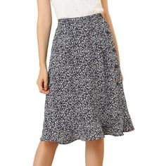 Through the summer seasons in this effortlessly chic flowy skirt. In a midi silhouette that wraps around, this skirt exudes the spring-summer feel we can't wait for. Sitting high on the waist, the light and breezy fabric trimmed with ruffles fall to a split skirt for impact and movement as you walk. Cut in a relaxed, flared shape, this skirt is designed with button closure at side flattering for showing your looming legs. Adding a beautiful floral flourish for feminine appeal, this style is a fu Summer Pleated Midi Wrap Skirt, Summer Midi Wrap Skirt, Chic Flowy Knee-length Skirt, Flowy Midi Wrap Skirt For Brunch, Spring Flowy Ruffled Wrap Skirt, Summer Ruffled Midi Wrap Skirt, Casual Flowy Midi Wrap Skirt, Flowy Lined Wrap Skirt For Brunch, Casual Knee-length Summer Wrap Skirt