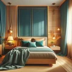 a bedroom with teal colored walls and wooden flooring is pictured in this image