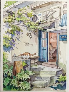 a watercolor painting of a blue door and steps