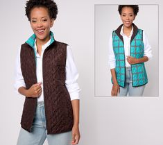 Like you, this Reversibelle plaid vest has more than one side (and, happily, pockets on both!). And also like you? It loves any excuse -- midday walks, coffee dates, block parties -- to head out and layer on the charm. From Belle by Kim Gravel. Fall Fleece-lined Sleeveless Vest, Kim Gravel, Plaid Vest, Block Party, Mock Neckline, Jackets For Women, Plaid, Cute Outfits, Clothes