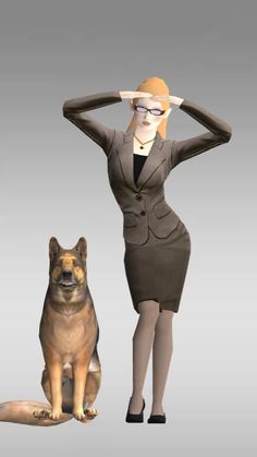 a woman standing next to a dog with her hands on her head and wearing glasses