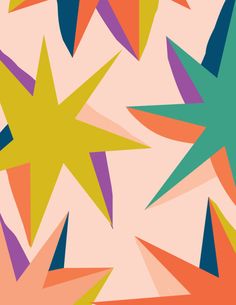 an abstract background with colorful stars and shapes in pink, green, orange, yellow and blue