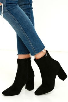 Stylish Black Suede Boots - Fitted Black Booties - Heeled Boots White Shoes For Girls, My Generation, Clear High Heels, Heels Aesthetic, Womens Black Booties, Suede High Heels, Closed Toe Sandals, Kitten Heel Sandals, Black Suede Boots