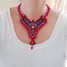 Bead embroidery&vintage crochet lace red statement women jewelry, unique jewelry christmas necklace, gift her, bohemian art nouveau necklace, stylish artisan elegant jewelry, fashion jewelry Art Nouveau Necklaces, Embroidery Vintage, Christmas Necklace, Bohemian Art, Jewelry Christmas, Jewelry Unique, Bead Embroidery, Vintage Crochet, Elegant Jewelry