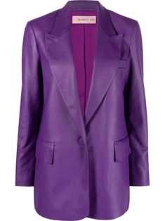 purple faux leather peak lapels front button fastening long sleeves two front flap pockets Elegant Fall Leather Jacket With Concealed Fastening, Formal Leather Jacket With Notch Lapel And Concealed Placket, Single Button Long Sleeve Leather Blazer, Leather Single Button Long Sleeve Blazer, Leather Single-button Long Sleeve Blazer, Tailored Leather Jacket With Notch Lapel And Concealed Placket, Leather Long Sleeve Blazer With Single Button, Chic Purple Formal Blazer, Spring Purple Business Outerwear