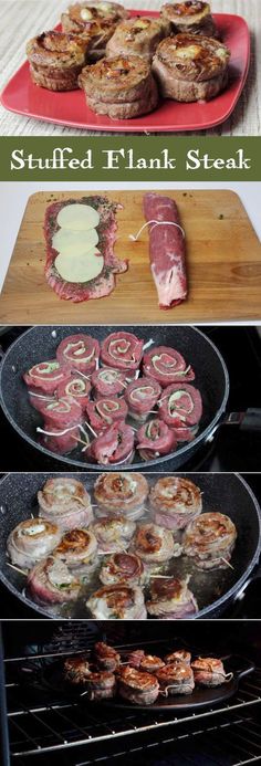 the process of making stuffed flank steaks is shown in three different pictures, including an oven