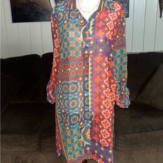 New W/Tags “Multiples” Vintage Tunic Blouse Size Medium W/ Mandala Design. This Is A Beautiful Sheer Blouse With Fall Colors. Details: 1.) Breast: 40” Inches 2.) Waist: 42” Inches 3.) Hip: 40” Inches 4.) Sleeve Length: 23-26” In. (Can Roll Up For Style) 5.) Shoulder To Shoulder: 16” In. 6.) 7 Buttons For Closure 7.) Shoulder To Hem: 35” Inches 8.) Size Medium 9.) 100% Polyester 10.) Machine Wash 11.) Made In China Thanks For Looking & Please Look At My Listings For More Clothes!!! Casual Yellow Tunic Blouse, Bohemian Multicolor Blouse With Vintage Print, Colorful Bohemian Long Sleeve Blouse, Casual Multicolor Blouse With Vintage Print, Multicolor Printed Blouse For Daywear, Yellow Bohemian Blouse For Daywear, Vibrant Long Sleeve Blouse With Colorful Pattern, Vibrant Long Sleeve Vacation Blouse, Vibrant Long Sleeve Blouse For Vacation