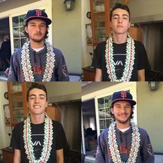 four different pictures of a man wearing a baseball cap and scarf with beads around his neck