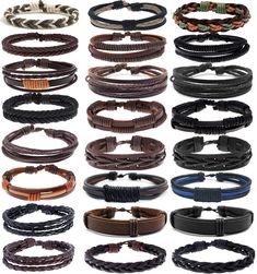 PRICES MAY VARY. Mens Braided Leather Bracelet - 24pcs handmade braided leather bracelets in one pack, including leather bracelet,handmade braided bracelet, black leather bracelet and brown leather bracelet, can easy match your everyday need,the most economical set Quality Materials - These multi-layer leather bracelets are made of high-quality genuine leathe and hemp cords,black and brown leather bracelet built, vintage punk style, 100% handmade, sturdy and comfoetable, not easy to break, bring Cheap Leather Bracelet For Men, Cheap Punk Style Leather Bracelet As Gift, Cheap Leather Friendship Bracelet For Men, Cheap Casual Leather Bracelets, Cheap Adjustable Leather Strap Bracelets, Paracord Leather Bracelet, Wire Wrap Bracelet For Men, Turkshead Bracelet, Para Cord Bracelets