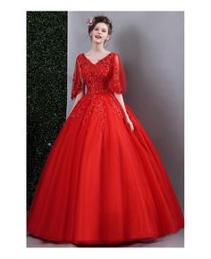 Buy Red Lace Ball Gown Formal Dress For Wedding With Cape Sleeves at wholesale price online. Free shipping and pro custom service since 2009. Tulle V-neck Bridesmaid Dress For Wedding, Floor-length Lace Quinceanera Dress, Red Fitted Bodice Evening Dress For Quinceanera, Red Tulle Ball Gown For Formal Events, Red Tulle Ball Gown For Formal Occasions, Formal Red Tulle Ball Gown, Red Tulle Ball Gown For Banquet, Red Tulle Gown For Banquet, Formal Red Tulle Gown