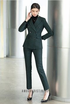 Fall Office Wear Suits In Suiting Fabric, Fall Office Wear Suit In Suiting Fabric, Fall Office Wear Suit, Elegant Tailored Dark Green Blazer, Green Double Breasted Suit With Suit Collar, Fitted Wool Pantsuit For Fall, Elegant Dark Green Notch Lapel Suits, Tailored Winter Pantsuit With Suit Collar, Green Double Breasted Suit With Notch Lapel