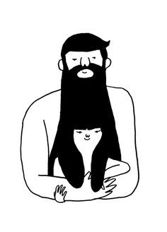 a black and white drawing of a man with long hair holding a woman's head