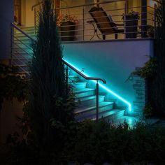 the stairs are lit up with blue lights and plants on each side, along with an iron railing