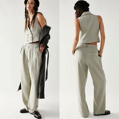 Green Two Piece Set By Free People. Button Front Vest Top. Pleated, Full Length Trouser Pants. New With Tags! Measurements: Top Pit To Pit - 16.5” Length From Shoulder To Hem - 18” Pants Waist Straight Across - 14” Rise - 13.5” Inseam - 31” Spring Pantsuit With Notch Lapel And Buttons, Tailored Pantsuit With Buttons, Chic Fitted Wide Leg Pants With Buttons, Chic Tailored Pantsuit With Buttons, Fitted Wide Leg Pants With Buttons For Office, Spring Workwear Pantsuit With Button Closure, Spring Tailored Pants With Buttons, Tailored Pants With Buttons For Spring, Wide Leg Pantsuit With Button Closure For Work