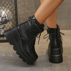 Size 35-43 Women's Gothic Shoes Black Round Toe Platform Lace-up Belt Buckle Side Zipper Botas Leather School Backpack, Gothic Shoes, Boots Patterns, Ankle Shoes, Wedge Ankle Boots, New Rock, Men's Backpack, Platform Sneakers, Black Booties