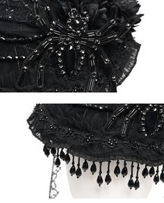 Introducing our Victorian Goth Duchess Hat, a masterpiece of dark elegance and intricate craftsmanship.  This stunning accessory features shimmering sequins, delicate ruches, and a dramatic feather, all complemented by exquisite handmade beaded spider details. The hat is adorned with a luxurious trim of dropped beads, adding a touch of opulence.  It includes a self-tie lace for a secure fit and two hairclips to ensure it stays perfectly in place. Black Flapper Headpieces For Party, Beaded Fitted Headpieces For Party, Elegant Black Headpiece For Carnival, Black Flapper Headpiece For Costume Party, Elegant Black Costume Headpiece, Elegant Black Headpiece For Costume, Black Gothic Headpiece For Party, Goth Hats, Dark Elegance