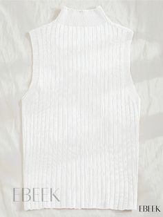 Ebeek - Womens Ribbed Knitted Sleeveless Mock Neck Sweater Vest - A Versatile Addition to Your Wardrobe Ribbed High Neck Sweater Vest For Winter, Sleeveless Cable Knit Cotton Top, Ribbed Vest For Winter Layering, Casual White Ribbed Vest, Ribbed Sleeveless Sweater Vest, Solid Ribbed Sleeveless Sweater Vest, White Ribbed Sweater Vest For Fall, White Ribbed Cotton Vest, Sleeveless Textured Knit Sweater Vest For Winter