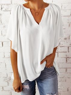 Features: Ruched Sheer: Opaque Stretch: No stretch Material composition: 100% polyester Care instructions: Machine wash cold. Tumble dry low. Imported Product measurements:S:Top Length 25.20 in, Bust 43.70 in, Sleeve Length 13.19 inM:Top Length 25.98 in, Bust 45.67 in, Sleeve Length 13.58 inL:Top Length 26.77 in, Bust Chiffon Style, Flowy Tunic, Straight Clothes, Half Sleeve Blouse, Chiffon Fashion, Short Sleeve Pattern, Loose Blouse, Chiffon Shirt, V Neck Blouse