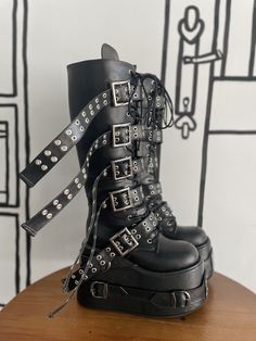 Punk Platform Knee-high boots Long Belt Buckle High Heels Wedges Metal Sheet Round Toe Lace Up Zip Boots Long, Women's Motorcycle Boots, Street Punk, Gothic Shoes, Boots Woman, Pu Boots, High Heel Wedges, Rock Metal, Metal Sheet