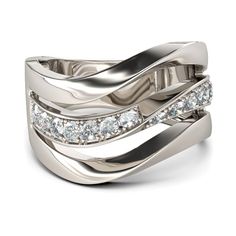 a wedding ring set with three rows of diamonds on top of each other, in white gold