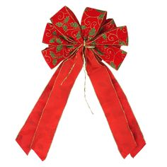 a red bow with green and gold designs on the top is tied to a white background