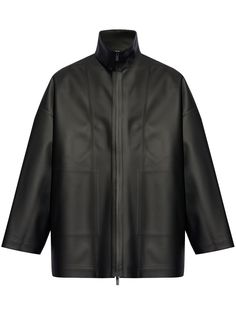 black faux leather logo patch to the rear high neck drop shoulder long sleeves concealed front two-way zip fastening two side patch pockets straight hem High Collar Jacket, City Shorts, Black Faux Leather Jacket, Versace Outfit, Collar Jacket, Fear Of God, Balenciaga Triple S, Short Suit, Summer Beach Wear