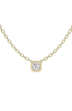 A glittering lab-created diamond in a classic cushion cut centers this timeless pendant necklace crafted in 18-karat gold. Total lab-created-diamond weight: 1ct. Color: G Clarity: VS 18k gold/lab-created diamond Imported >Diamond Guide Timeless Diamond Necklace With Square Pendant, Timeless Diamond White Square Pendant Necklace, Timeless Diamond Necklace With Square Pendant And Accents, Classic Necklace With Square Pendant In Prong Setting, Elegant Diamond Solitaire Necklace With Square Pendant, Classic Square Pendant Diamond Necklace With Single Diamond, Cushion Cut Yellow Gold Necklace Gift, Yellow Gold Cushion Cut Necklace As A Gift, Elegant Square Pendant Diamond Necklace