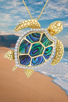 14K Yellow Gold Turtle Pendant with Abalone Inlay and Diamonds. Yellow