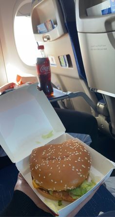 a hamburger in a box on an airplane