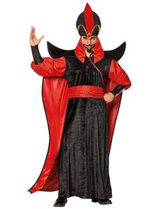 a man in a costume that is wearing a red cape and black dress with his hands out