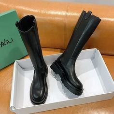 Women High Boots Fashion Woman Non-slip Waterproof Winter Zipper PU Leather Knee High Boots Women Ladies Long Boots, Womens High Boots, Fabric Boots, Leather Knee High Boots, High Fashion Women, Fur Shoes, Boots Women Fashion, Knee High Leather Boots, Round Toe Heels