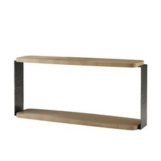 a wooden shelf with metal legs and two shelves on each side, against a white background