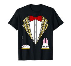 a black shirt with an image of a tuxedo and bunny ears on it