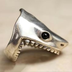 New No Tags Silver Plated Shark Ring, With Black Eyes Unisex @Asos @Dolls Kill @Urban Outfitters @Hot Topic @Zumiez @Harley Davidson @Eddie Bauer @Killstar Metal Casting Jewelry, Shark Ring, Silver Shark, Head Ring, Heart Shaped Rings, Casting Jewelry, Classy Jewelry, Funky Jewelry, Open Mouth