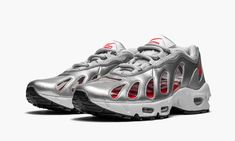 The Supreme x Nike Air Max 96 “Silver” is a Spring 2021 collaboration between the “World Famous” streetwear brand and Nike on the retro running shoe from 1996.  The relatively obscure Air Max 96’s original release was sandwiched between two tentpole Nike Air Max models: the Air Max 95 and Air Max 97, which could explain its slept-on status in the sneaker world.  It has been largely absent from retro releases in recent years, save for Supreme’s unearthing of the shoe for its Spring/Summer 2021 co Nike Air Max 96, Air Max 96, Supreme X Nike, Retro Running Shoes, Silver Bullet, Coors Light, Air Max 95, Silver Shoes, Sketchers Sneakers