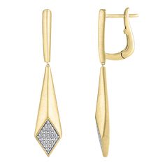 Elevate your jewelry collection with the timeless allure of these stunning yellow gold drop earrings. Crafted with care from enduring 10k yellow gold, these drop earrings feature a contemporary geometric design accented by a diamond shaped cluster of dazzling round diamonds gracing the base of the earrings. The diamonds are 1/4ctw, I in color, and I2 in clarity. These earrings measure 41.35mm in length and 14.65mm in width. Contemporary Diamond Jewellery, Modern Gold Earrings With Diamond Accents, Modern Gold Teardrop Diamond Earrings, Modern Gold Diamond Earrings For Anniversary, Modern Diamond-shaped Earrings For Formal Occasions, Modern Diamond-shaped Earrings For Formal Events, Modern Gold Linear Earrings With Diamond Accents, Modern Linear Gold Earrings With Diamond Accents, Modern Gold Diamond Linear Earrings