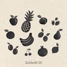 an image of fruit and vegetables drawn in black on white paper with the words sketchbook studio