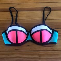 Nwot! Neon Pink/Teal/White With Black Trim Pink Padded Swimwear For Sunbathing, Pink Padded Swimwear For Swimming, Pink Padded Swimwear For Beach Season, Padded Pink Swimwear For Beach Season, Pink Padded Triangle Top Swimwear, White With Black Trim, Triangl Swimwear, Swim Suits, Black Trim