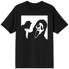 Black Pop Culture T-shirt For Fan Events, Black Halloween T-shirt With Logo Print, Black T-shirt For Halloween And Fan Conventions, Black T-shirt For Halloween Fan Conventions, Black Horror T-shirt For Streetwear, Horror Graphic Print T-shirt For Fans, Black Graphic Tee, Black Graphic Tees, Same Day Delivery