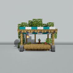 a small house made out of legos with trees and plants on the roof, sitting in front of a gray background