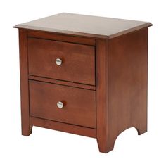 a wooden night stand with two drawers on one side and an open drawer on the other