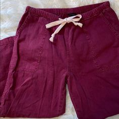 Cute Magenta Denim-Y Loungy Pants! Never Worn Spring Denim Cargo Pants With Elastic Waistband, Cotton Cropped Leg Bottoms For Summer, Cotton Bottoms With Elastic Waistband And Cropped Leg, Utility Cotton Jeans With Elastic Waistband, Summer Cotton Utility Bottoms, High Rise Utility Jeans With Elastic Waistband, High-rise Utility Jeans With Elastic Waistband, Stretch Denim Utility Bottoms, Trendy Stretch Cotton Cargo Pants